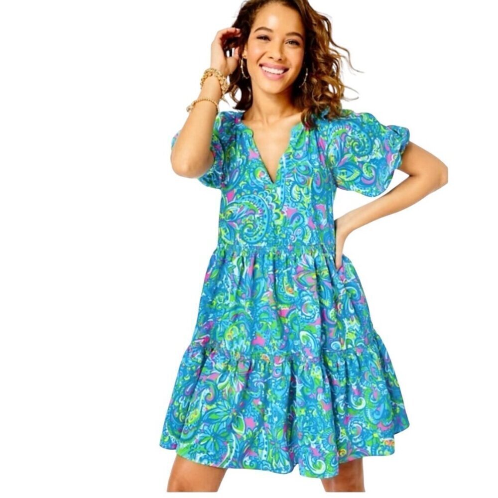 Lilly Pulitzer Shannon Short Sleeve Swing Dress Size Medium Puff Sleeve Brunch P